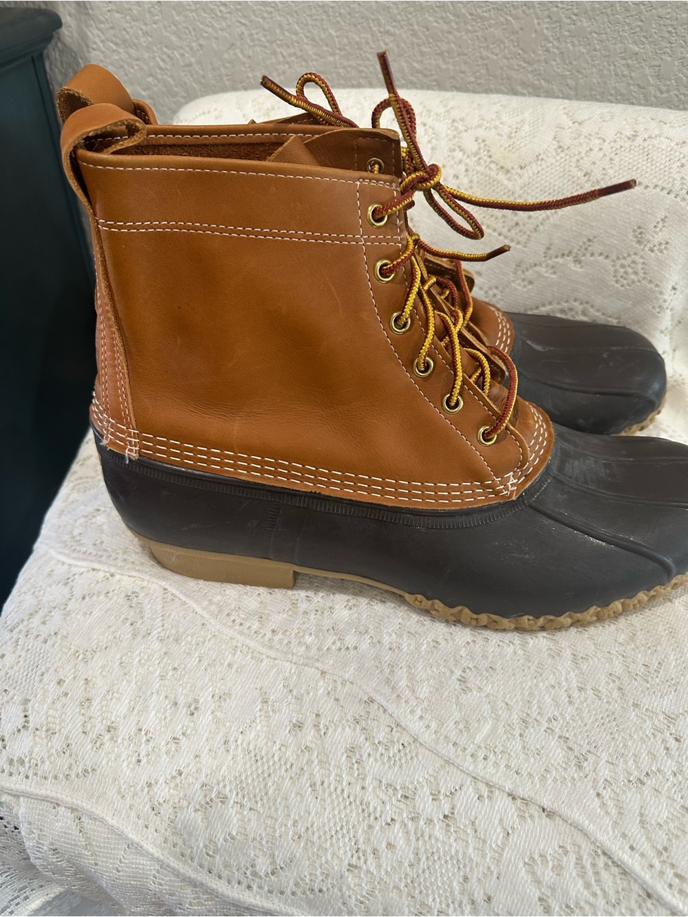 L.L. Bean  men’s Bean Boot Tan Leather and Brown Rubber Duck Boots size 12 - Picture 2 of 7